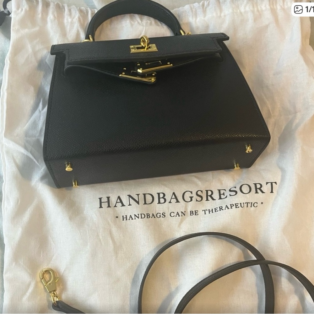 Black Top-Handle Vegan Satchel with Gold Hardware (Looks Like Mini Kelly)